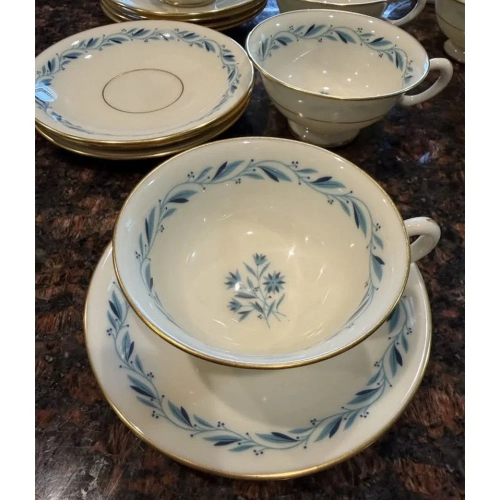 Lenox Blue Ridge Tea Cup Saucer Set 4 Ivory Blue Gold Trim Vintage